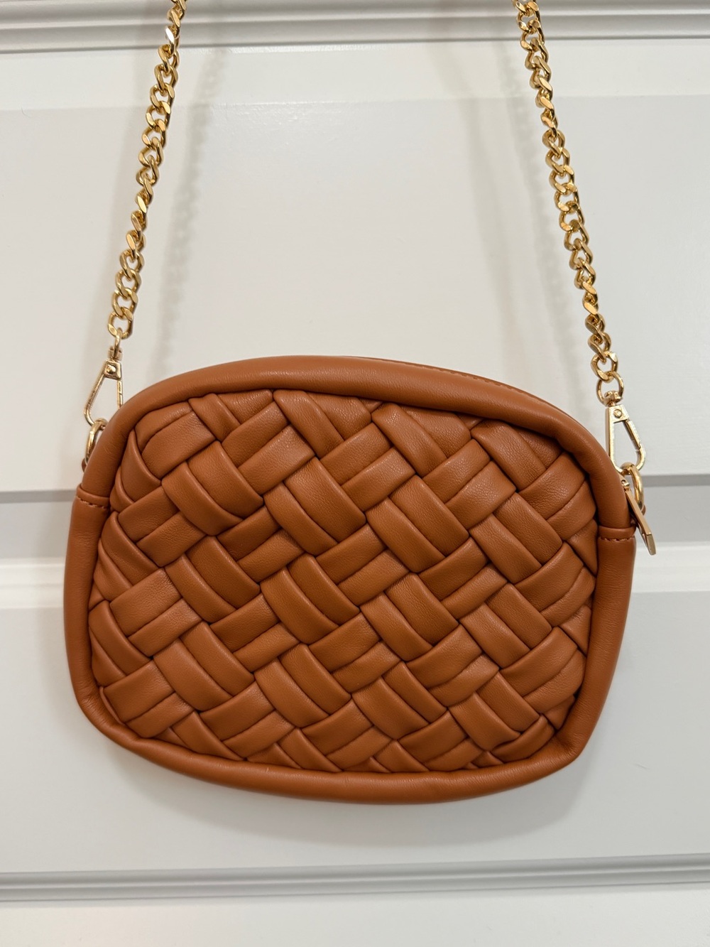 Madison West Woven Crossbody Purse Faux Leather Cognac Tan